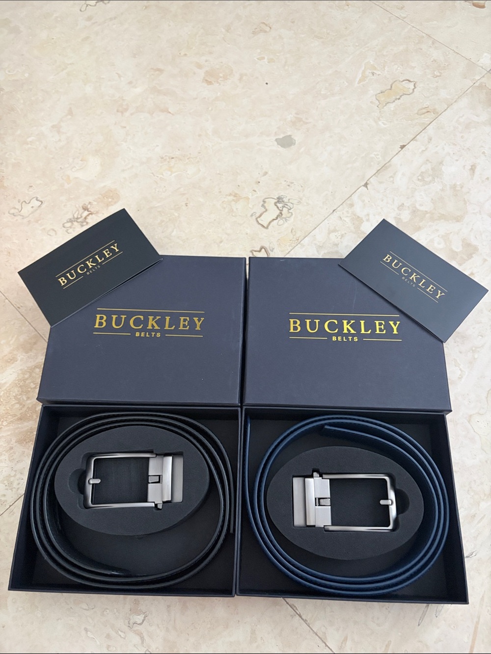 Buckley Black & Dark Blue  Leather Dress Belt with Silver-Tone Buckle 2 pieces